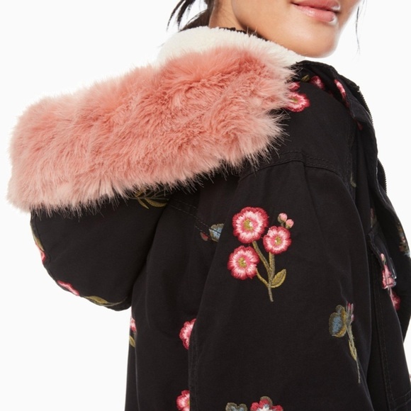 kate spade Jackets & Blazers - Kate Spade Black Floral Jacket with Pink Fur Trim